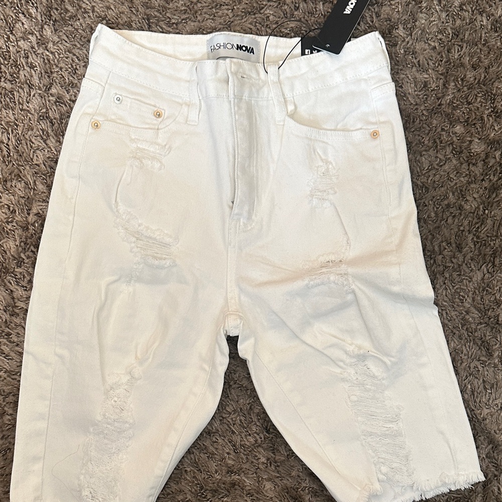 Fashion Nova White Denim Ripped Bermuda Shorts